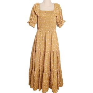 JessaKae Smocked Ruffle Sleeve Floral Cottagecore Midi Dress Mustard Yellow XS